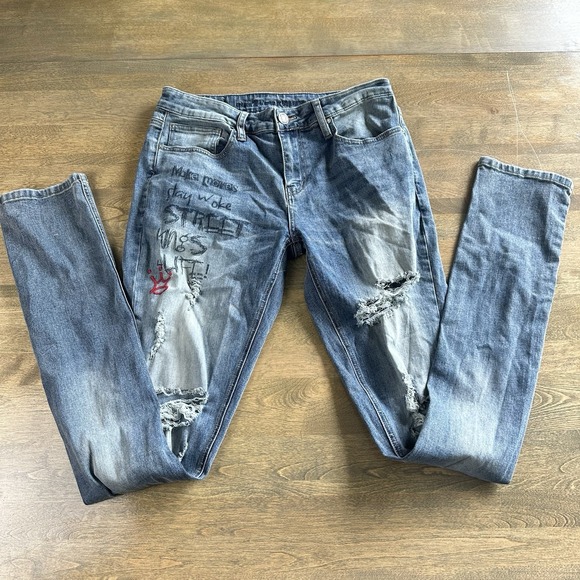 Rue21 Other - Rue 21‎ Men's Supreme Flex Skinny Jeans Distressed Embroidered Blue Size 30x32